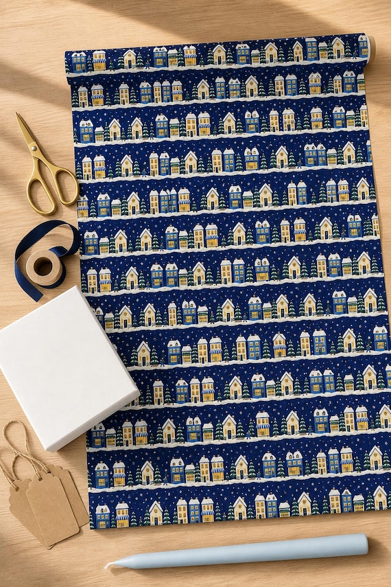 Hanukkah Wrapping Paper: Snowy Village, Menorah Windows, Navy Gift Wrap Roll, 3 Sizes detail
