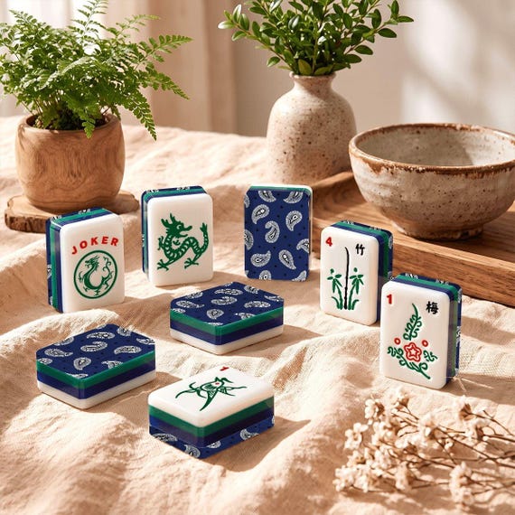 American Mahjong Set: 4 Layer Blue Green Tiles, Bandana Paisley Backs, 166 Pieces with Dice detail