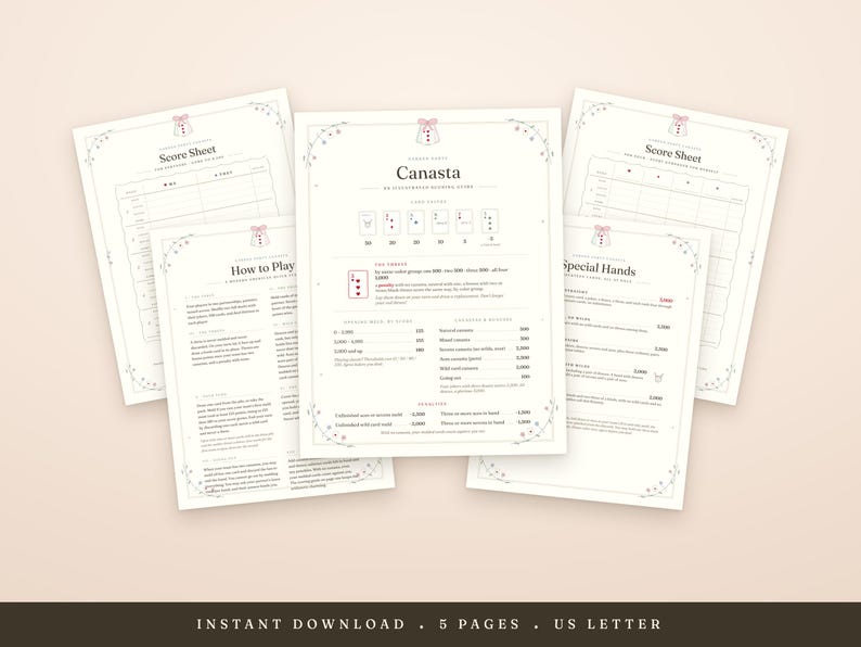 Canasta Score Sheets Printable Modern American Rules Guide US Letter A4 Digital Download