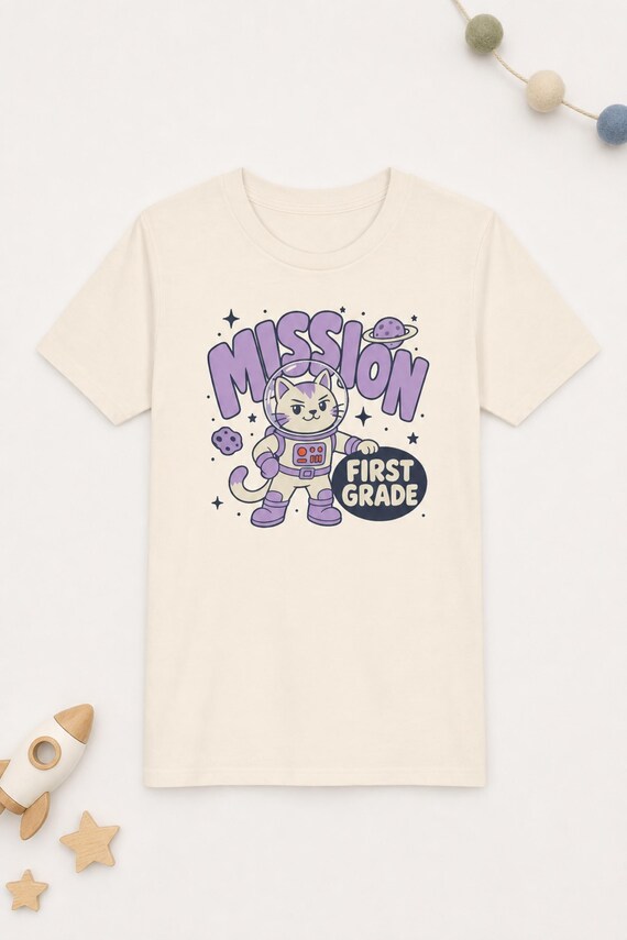 Astronaut Cat First Grade Shirt Kids Space Back to School Tee Youth Boys Girls First Day of School Outfit detail