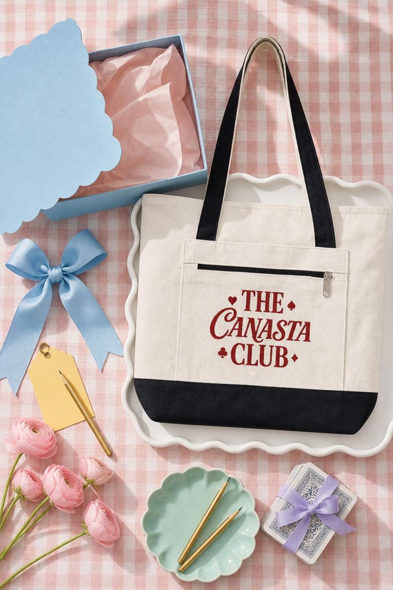 Canasta Tote Bag Zippered Canvas Card Game Club Natural Cotton detail