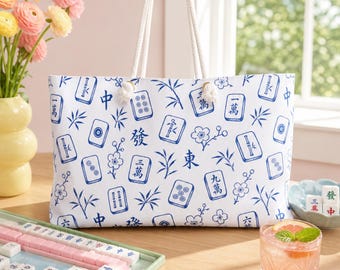 Mahjong Weekender Bag Blue White Chinoiserie Tile Print Overnight Travel Tote Game Night