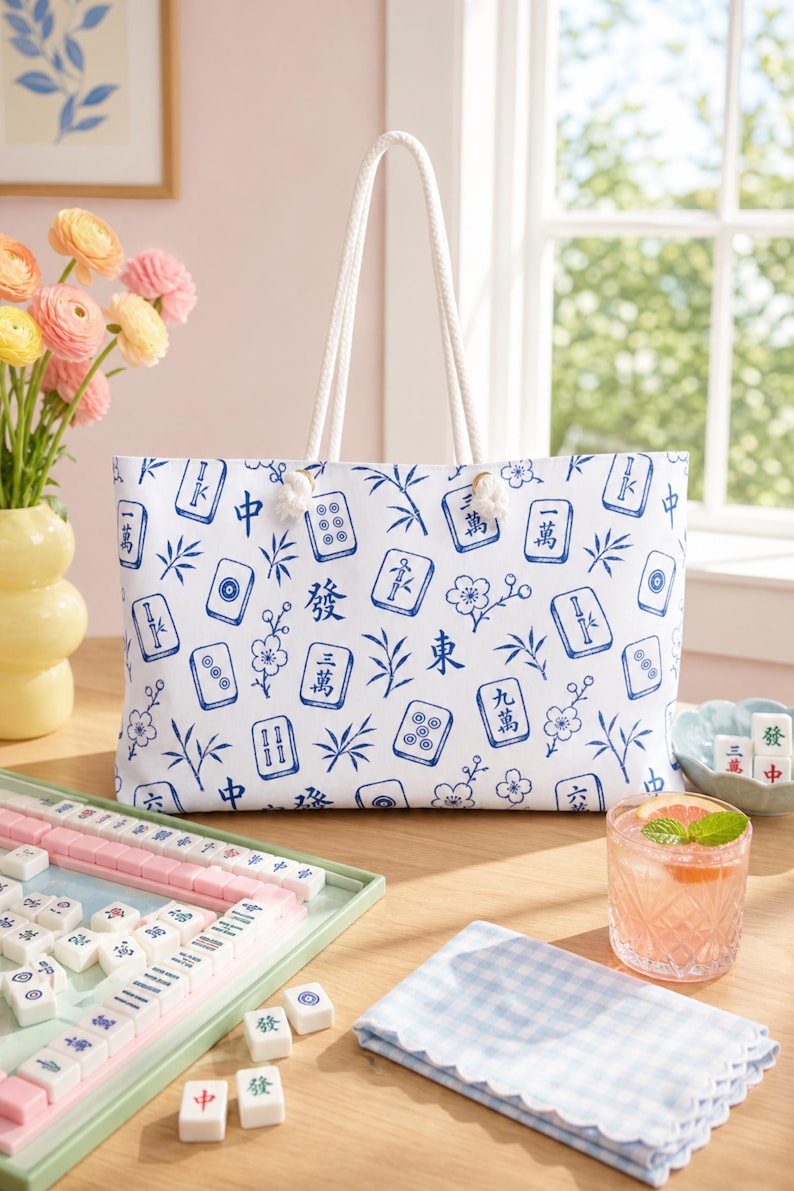 Mahjong Weekender Bag Blue White Chinoiserie Tile Print Overnight Travel Tote Game Night