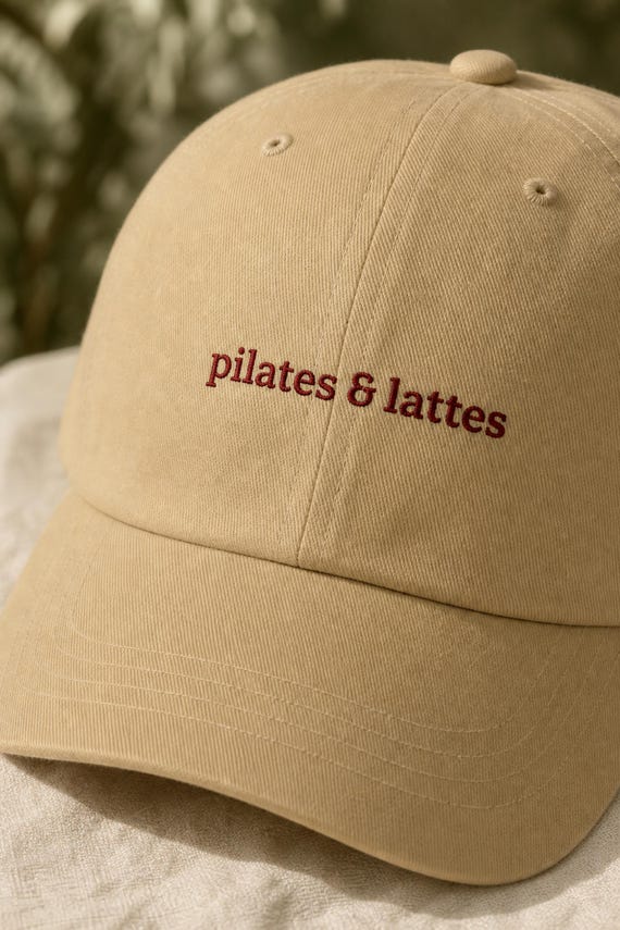 Pilates and Lattes Embroidered Hat, Coffee Lover Gym Dad Cap detail