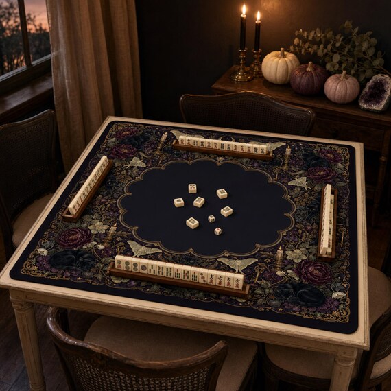 Halloween Mahjong Mat: Black Cat Gothic Botanical Neoprene, 3 Sizes with Storage Bag detail