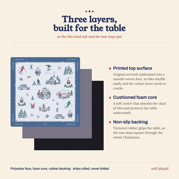Winter Mahjong Mat: Apres Ski Chalet Toile Neoprene, 4 Sizes with Storage Bag detail