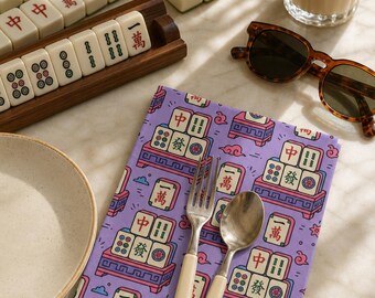 Mahjong Cocktail Napkins Set of 4 Tile Print Cotton Table Decor