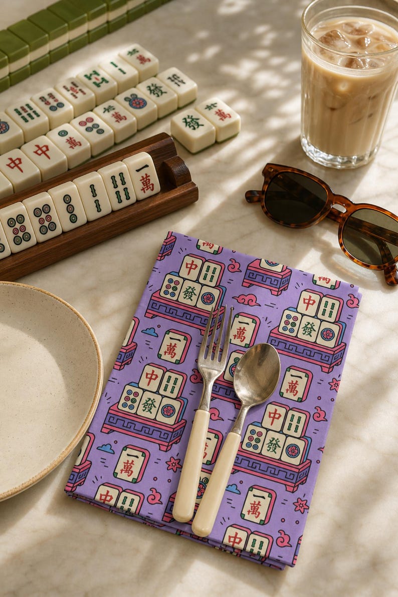 Mahjong Cocktail Napkins Set of 4 Tile Print Cotton Table Decor
