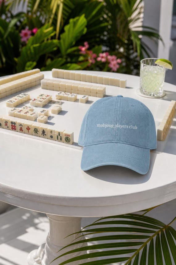 Mahjong Players Club Denim Hat Embroidered Vintage Cap Game Night Gift detail