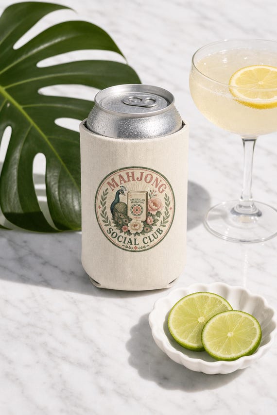 Mahjong Social Club Can Cooler East Wind Drinks First Peacock Floral Game Night detail