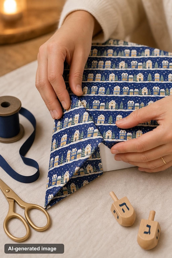 Hanukkah Wrapping Paper: Snowy Village, Menorah Windows, Navy Gift Wrap Roll, 3 Sizes detail