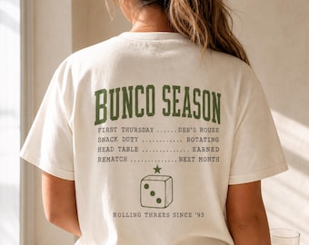 Bunco Season Comfort Colors Shirt Retro Varsity Dice Tee Front and Back Print Ladies Bunco Night Game Night Group Gift