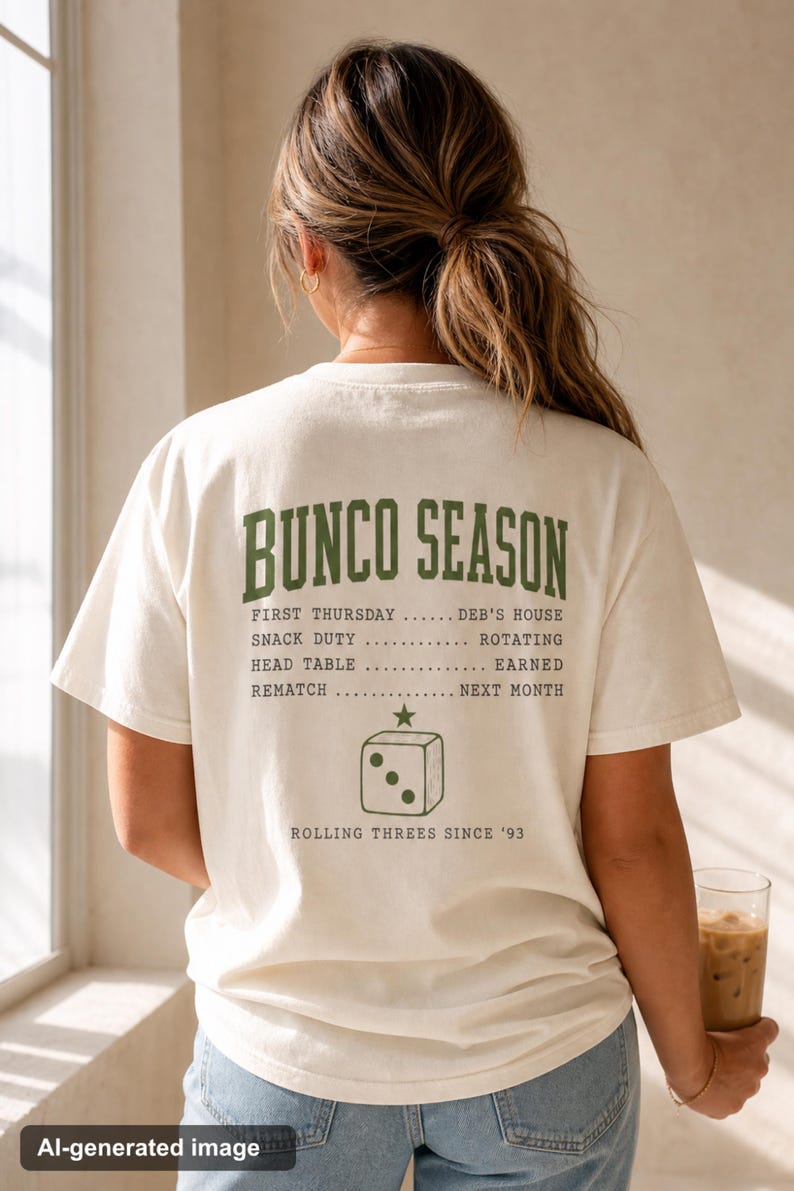 Bunco Season Comfort Colors Shirt Retro Varsity Dice Tee Front and Back Print Ladies Bunco Night Game Night Group Gift