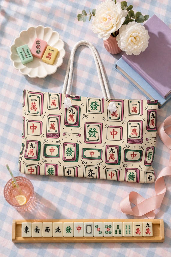 Mahjong Weekender Bag Tile Print Duffel Overnight Travel Carryall Game Night Bachelorette detail