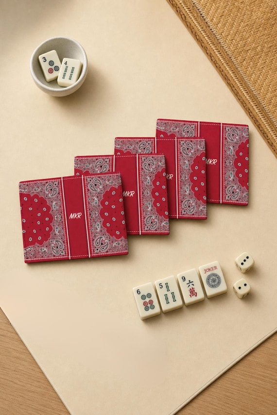 Mahjong Card Holder Set of 4, Personalized Monogram, Bandana Paisley, 6 Colors, Line Finder detail