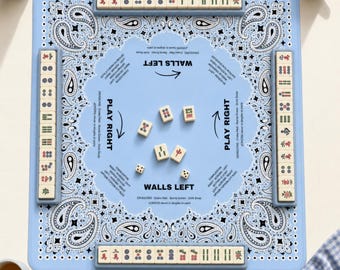 Blue Bandana Mahjong Mat: Western Paisley Neoprene, 4 Sizes, With or Without Rules
