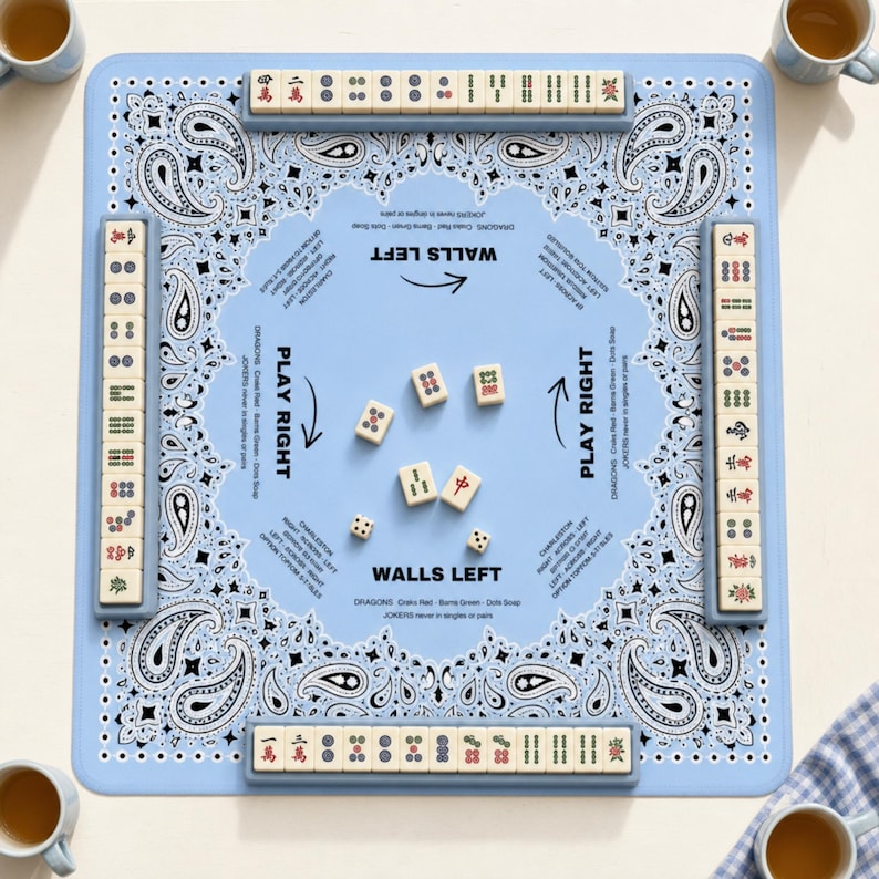 Blue Bandana Mahjong Mat: Western Paisley Neoprene, 4 Sizes, With or Without Rules