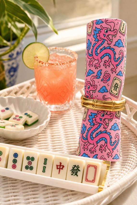 Dragon Mahjong Cocktail Napkins Set of 4 Bold Tile Print Game Night Hostess detail