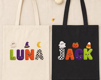 Personalized Halloween Trick or Treat Bag Custom Name Kids Candy Tote Cute Ghost Pumpkin Canvas Bag for Toddler Boy Girl Halloween Gift