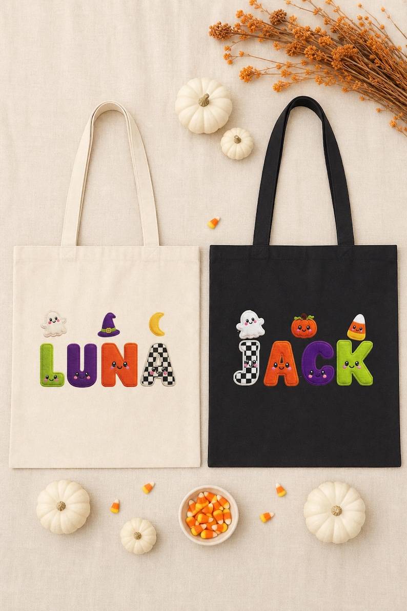 Personalized Halloween Trick or Treat Bag Custom Name Kids Candy Tote Cute Ghost Pumpkin Canvas Bag for Toddler Boy Girl Halloween Gift