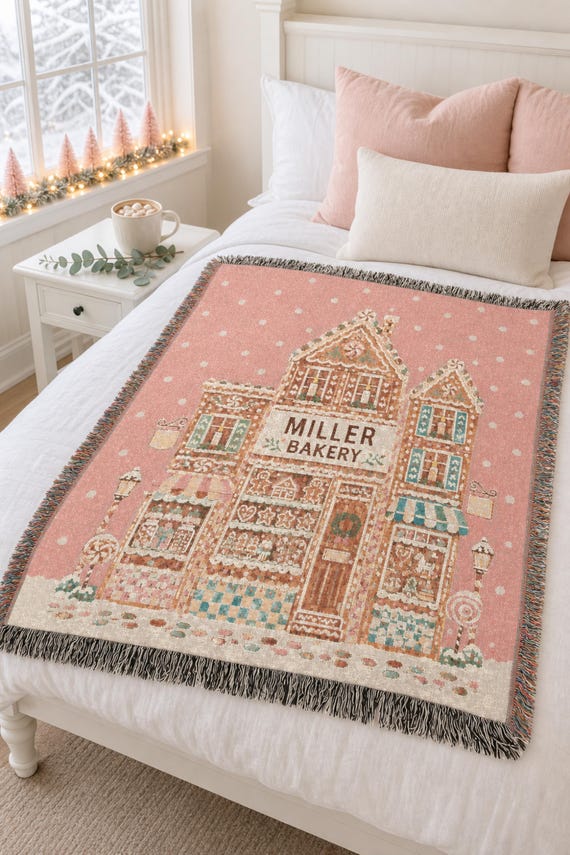 Gingerbread Blanket: Custom Woven Throw, Personalized Family Name, Pink Christmas Cotton Tapestry detail