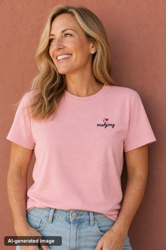 I Heart Mahjong Tee: Embroidered Mah Jong Shirt, Red Cursive Script, Womens Relaxed Fit detail