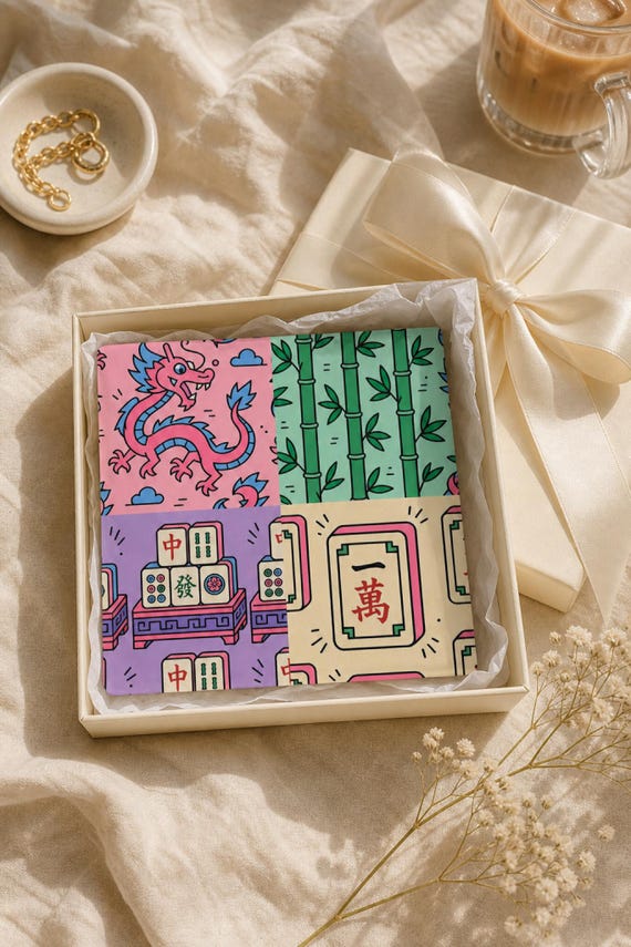 Bachelorette Mahjong Cocktail Napkins Set of 4 Tile Print Cotton Game Night Table Decor detail
