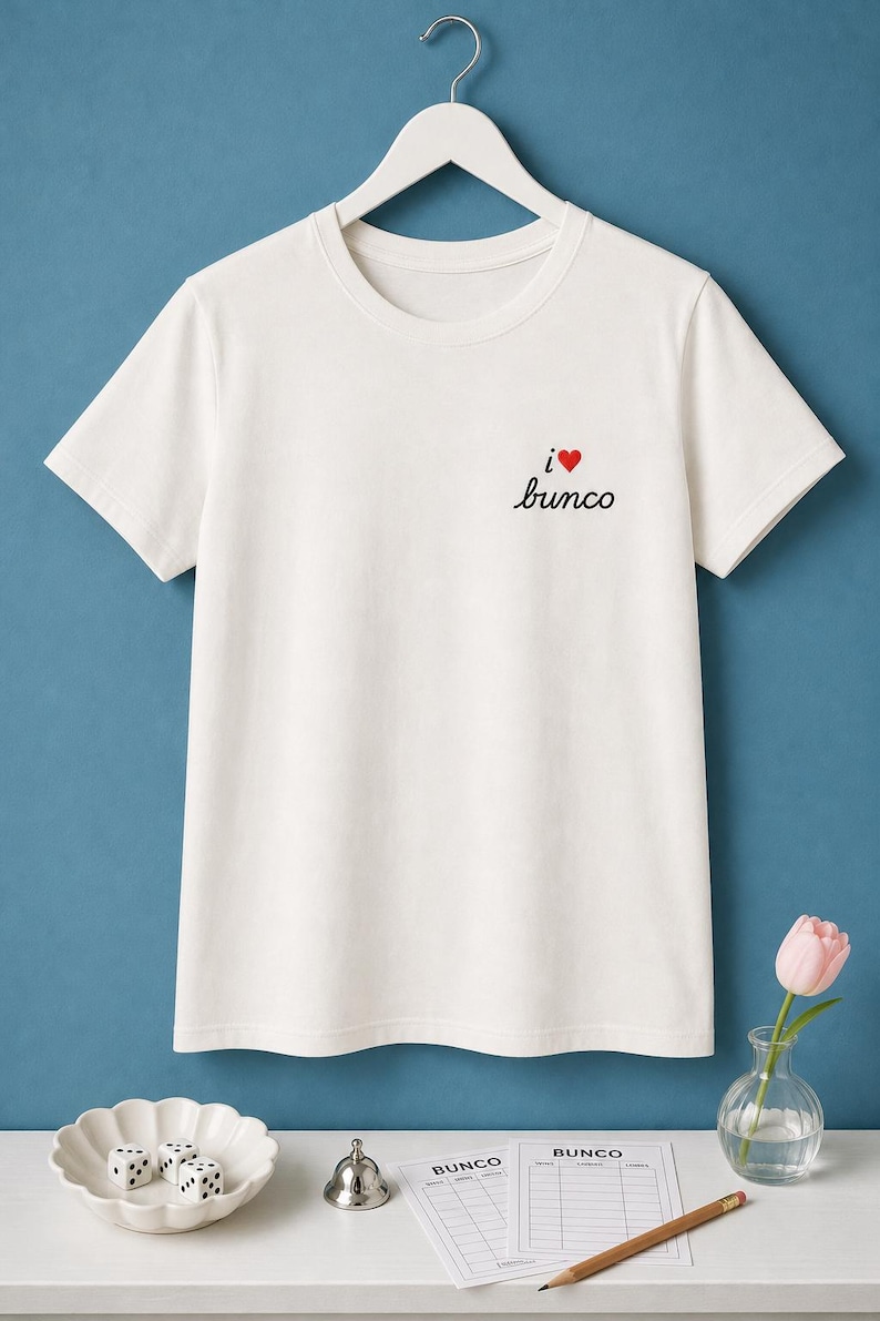 I Heart Bunco Tee: Embroidered Shirt for Bunko Players, Red Cursive Script, Womens Relaxed Fit