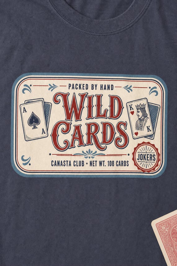 Retro Canasta Shirt Wild Cards Vintage Tin Label Garment Dyed Tee Game Night detail