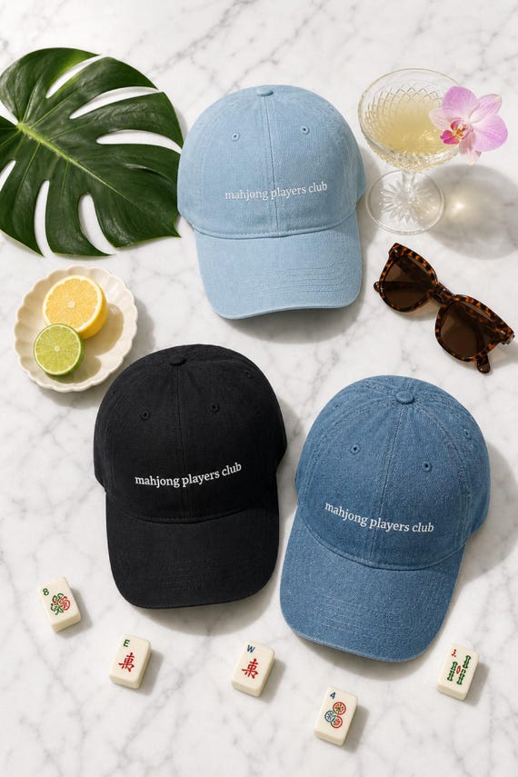 Mahjong Players Club Denim Hat Embroidered Vintage Cap Game Night Gift detail