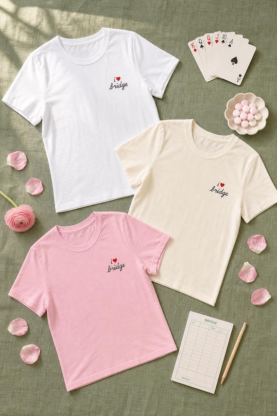 I Heart Bridge Shirt: Embroidered Top, Card Game Tee, Red Cursive Script, Womens Relaxed Fit detail