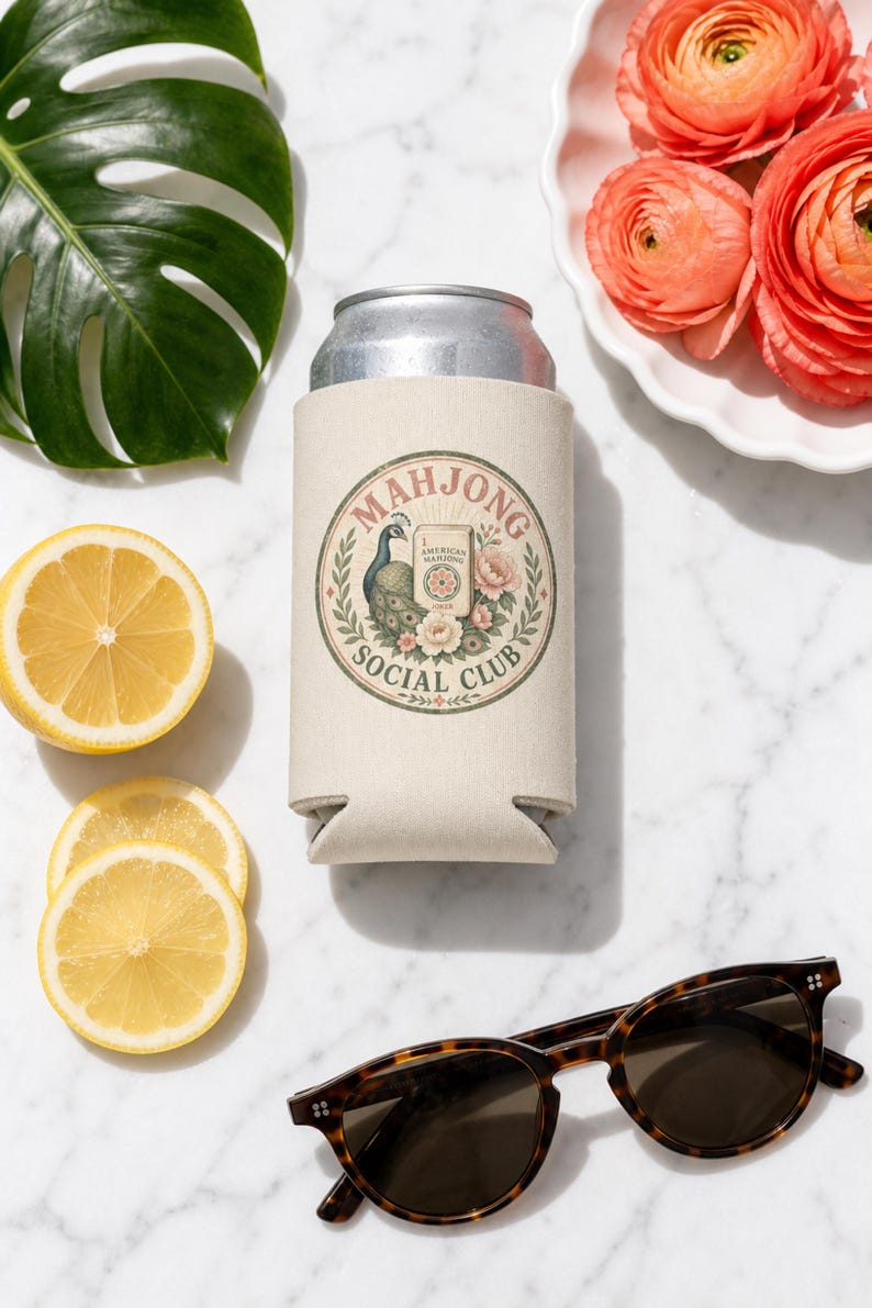 Mahjong Social Club Can Cooler East Wind Drinks First Peacock Floral Game Night