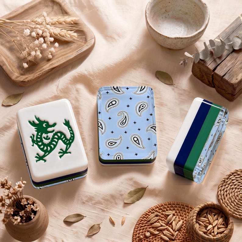 American Mahjong Set: 4 Layer Blue Green Tiles, Bandana Paisley Backs, 166 Pieces with Dice