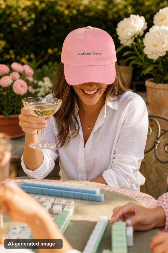 Bird Bam Cheers Mahjong Hat: Embroidered Denim Cap or Cotton Twill, Green or White Thread detail