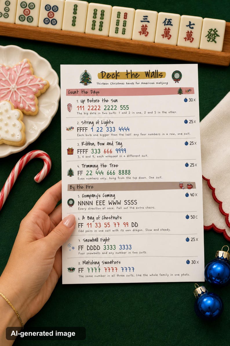Christmas Mahjong Card: 13 Printable Hands, Holiday Game Night for Mah Jongg Groups, Ink Saver
