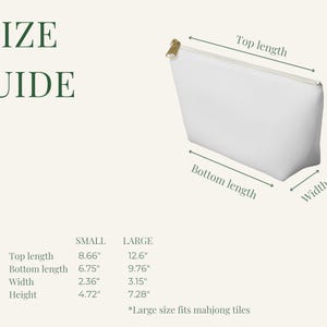 Size guide for a mahjong tile storage bag canvas pouch, showing small and large dimensions — large fits a full mahjong set. Chart displays top length, bottom length, width, and height measurements for both sizes against a cream background.