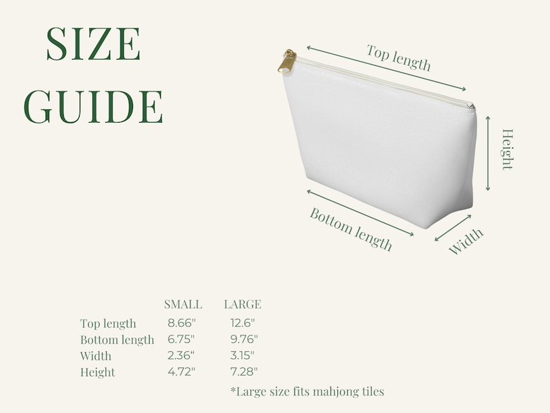 Size guide for a mahjong tile storage bag canvas pouch, showing small and large dimensions — large fits a full mahjong set. Chart displays top length, bottom length, width, and height measurements for both sizes against a cream background.