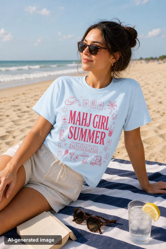 Mahj Girl Summer Mahjong Shirt Garment Dyed Tee Game Night Beach detail