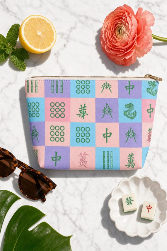 Pastel Mahjong Tile Bag Canvas Cosmetic Pouch Fits Full Set Preppy Game Night Travel Organizer detail