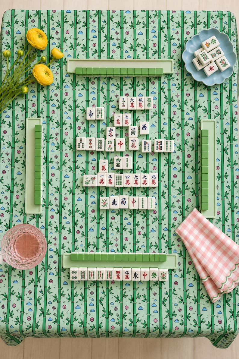 Bamboo Mahjong Tablecloth Square Tile Print Table Cover Game Night Hostess