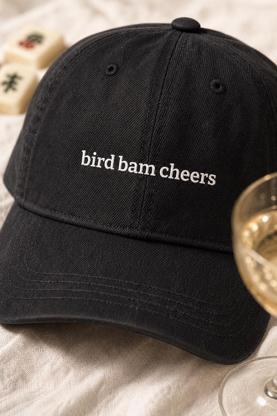 Bird Bam Cheers Mahjong Hat: Embroidered Denim Cap or Cotton Twill, Green or White Thread detail