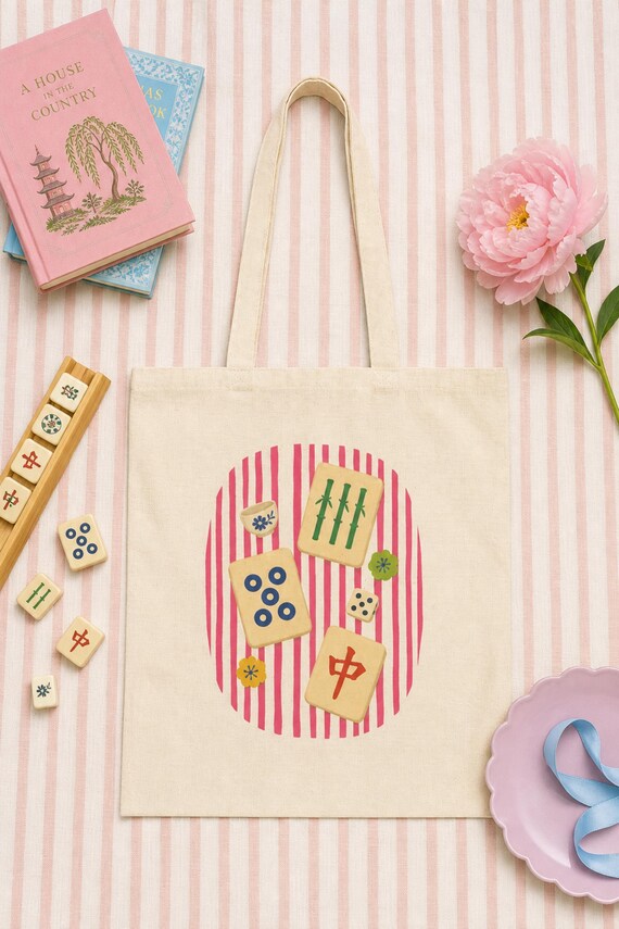 Mahjong Canvas Tote: Good Bams Only Pink Tile Print, Double Sided Natural Cotton detail