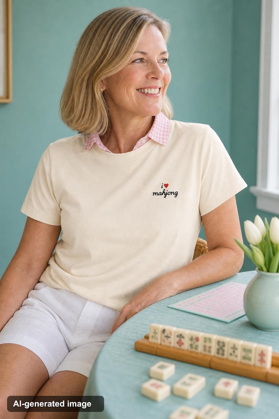 I Heart Mahjong Tee: Embroidered Mah Jong Shirt, Red Cursive Script, Womens Relaxed Fit detail