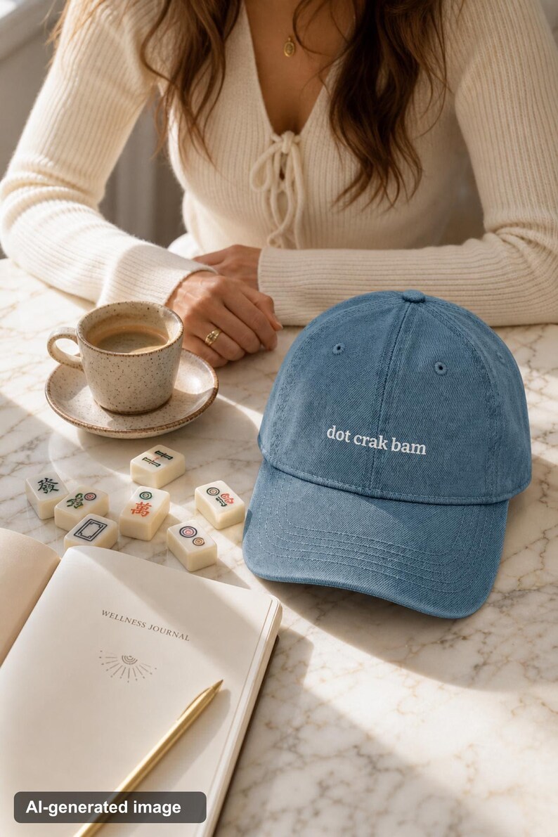 'Dot Crak Bam' embroidered mahjong dad hat styled at a sunlit marble table with mahjong tiles and espresso — denim adjustable cap, ideal mahjong player gift. Warm morning editorial lifestyle scene.
