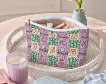 Mahjong Tile Bag Canvas Cosmetic Pouch Fits Full Set Preppy Y2K Game Night Travel