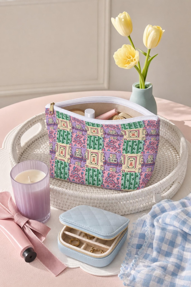 Mahjong Tile Bag Canvas Cosmetic Pouch Fits Full Set Preppy Y2K Game Night Travel