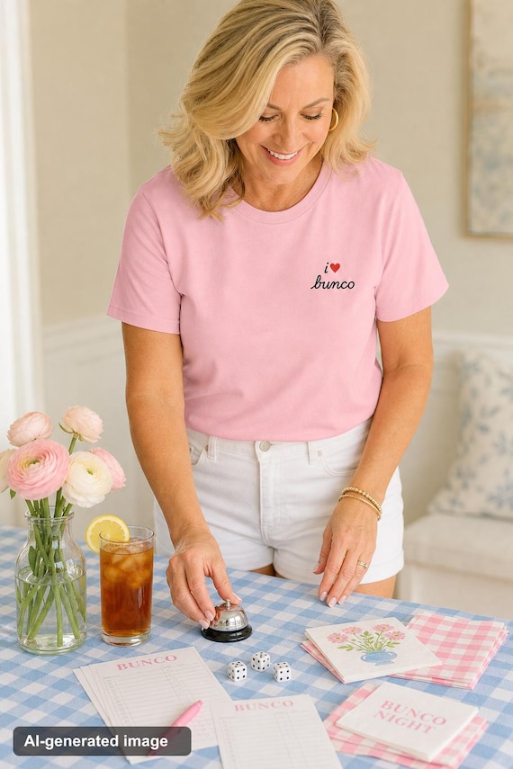 I Heart Bunco Tee: Embroidered Shirt for Bunko Players, Red Cursive Script, Womens Relaxed Fit detail