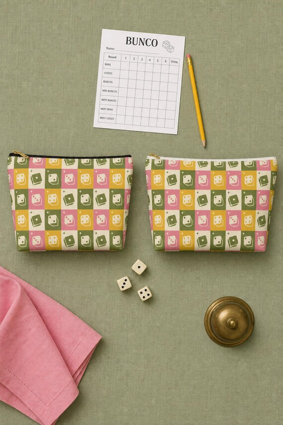 Bunco Dice Bag: Retro Checkerboard Zipper Pouch, Olive Pink Mustard, 2 Sizes detail