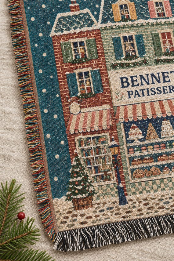 Family Name Blanket: Personalized Woven Cotton Jacquard Throw, Snowy Village Christmas Patisserie, Fringed 50x60 detail