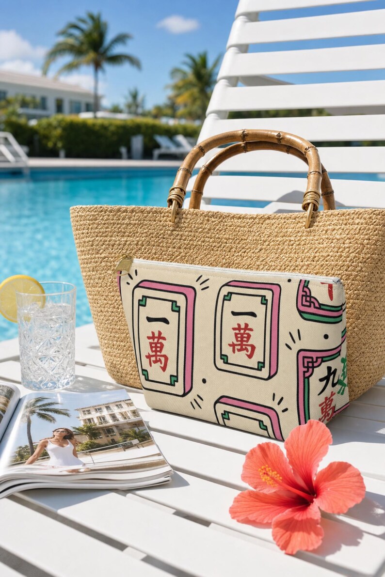 Mahjong tile-print accessory pouch on a white poolside lounge chair beside a straw tote — mahjong lover gift pouch in a bright resort lifestyle scene with turquoise pool background.